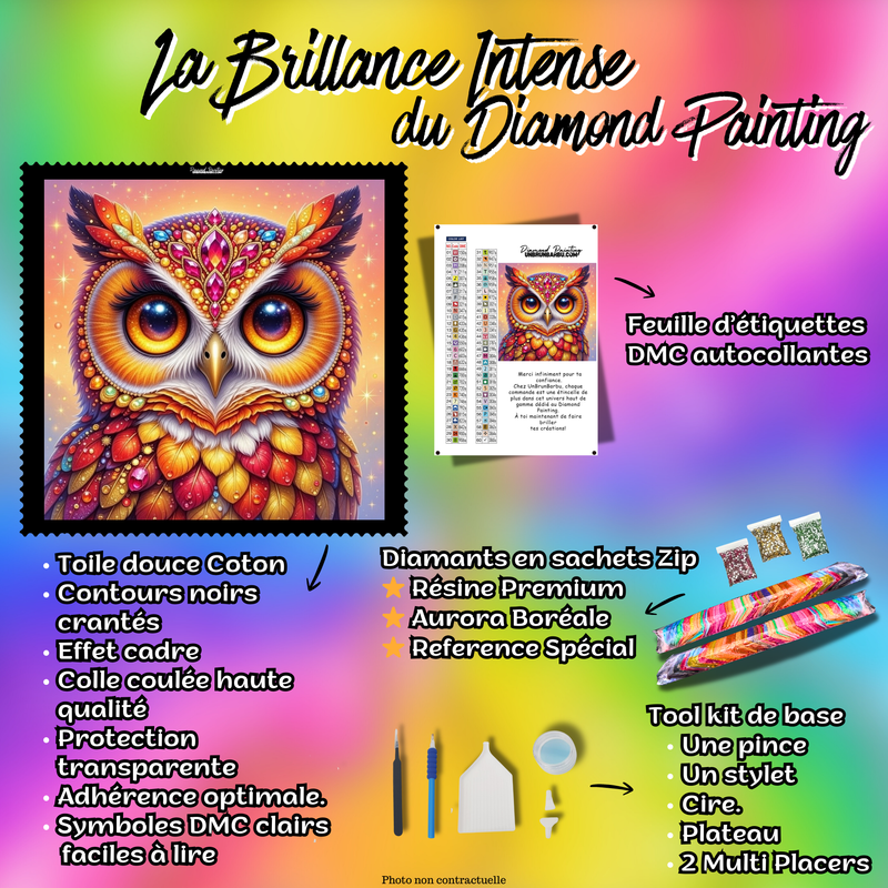 Kit complet du Diamond Painting Hibou aux Plumes de Cristal 60x60 cm avec accessoires