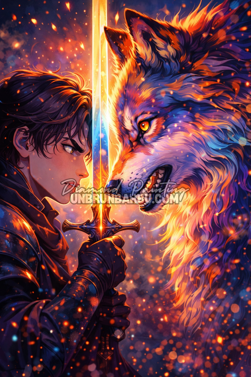 illustration diamond painting homme loup scene epique fantasy