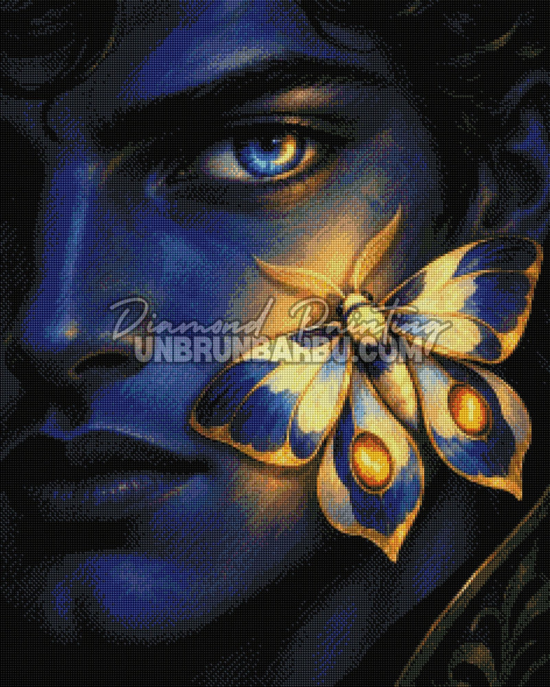 Aperçu du rendu en diamants de la toile Homme Papillon de Lune 60x75 cm, visage bleu et papillon doré
