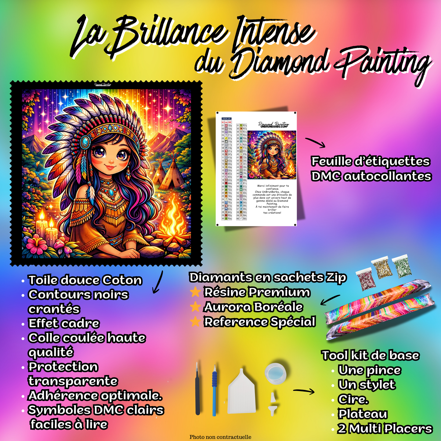 Kit complet du Diamond Painting Indienne du Feu Sacré 90x90 cm avec accessoires