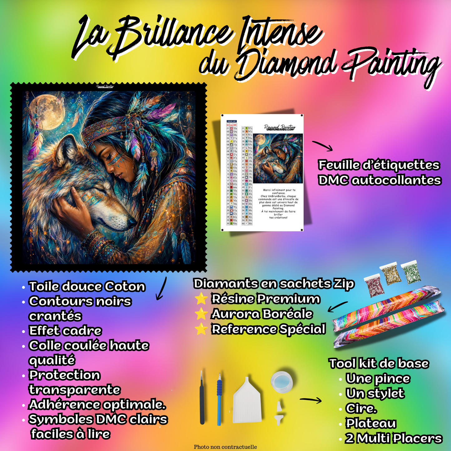 diamond painting indienne et loup sous la lune 100x100 kit complet