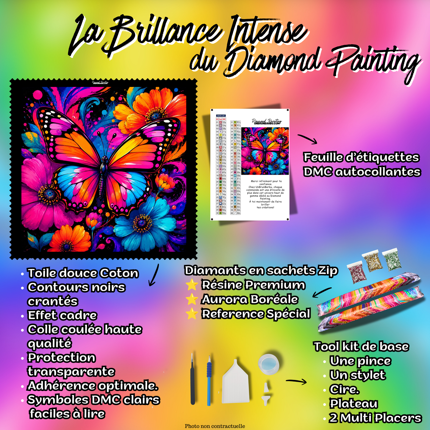 kit diamond painting kaleidoscope de papillon 70x70 cm contenu complet premium