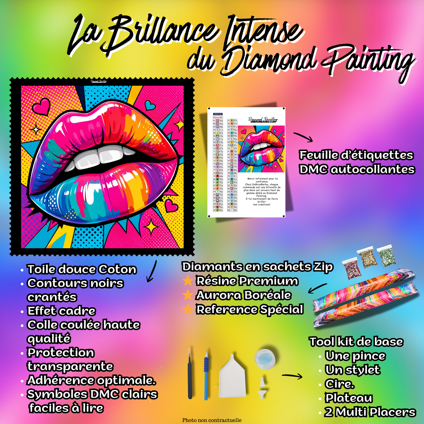 diamond painting kiss pop art 60x60 kit complet diamants premium accessoires inclus