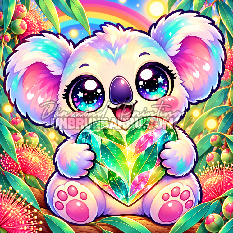 Diamond Painting Koala au Coeur Precieux 60x60 cm avec coeur multicolore, eucalyptus et fleurs rouges