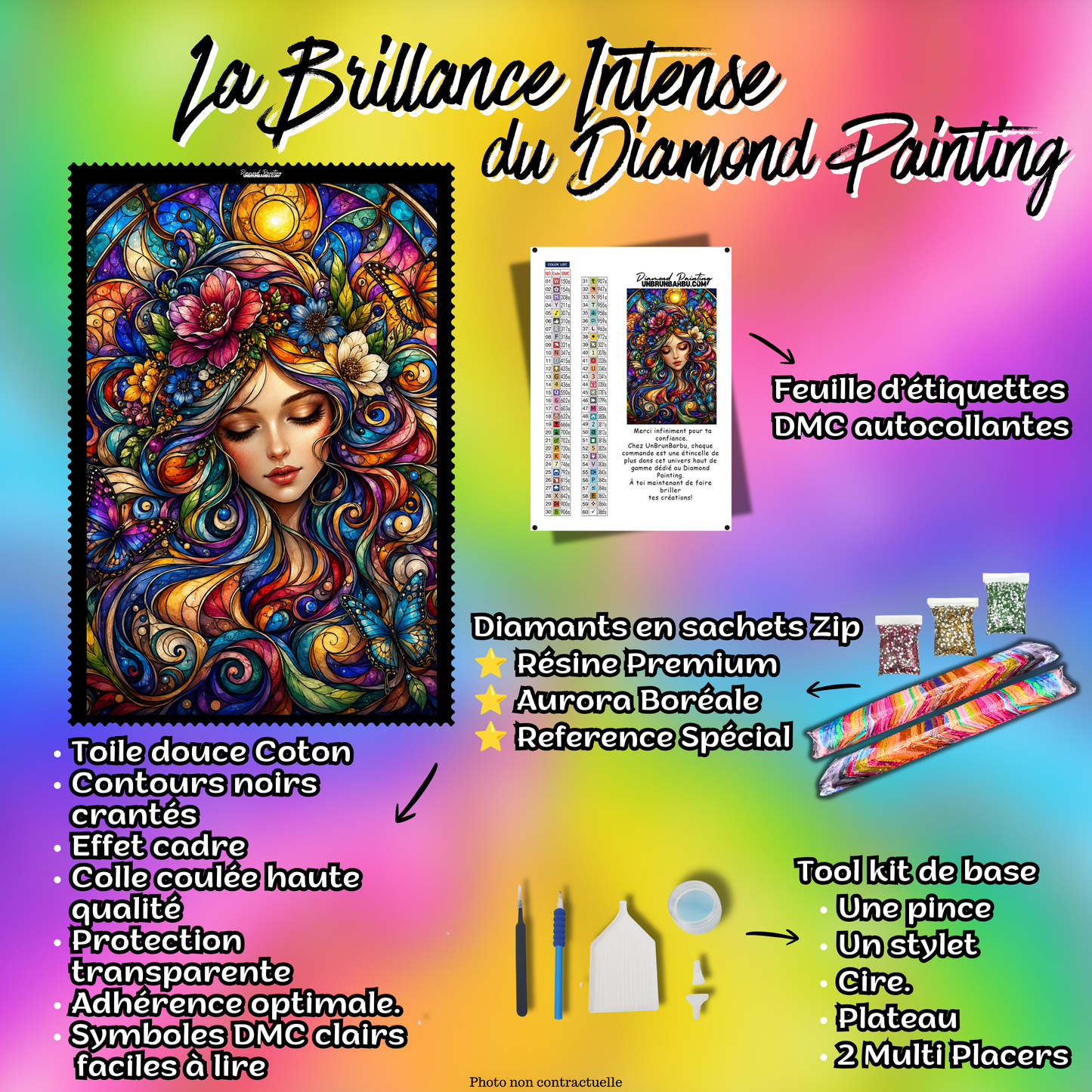 Kit premium Diamond Painting L'Âme des Couleurs avec toile coton, diamants en sachets zip, étiquettes DMC et accessoires