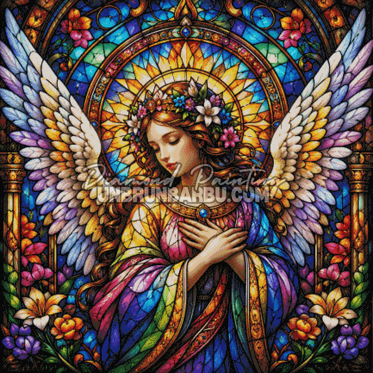 Layout Diamond Painting L’Ange de la Paix avec aperçu diamanté du vitrail, des ailes et des fleurs colorées