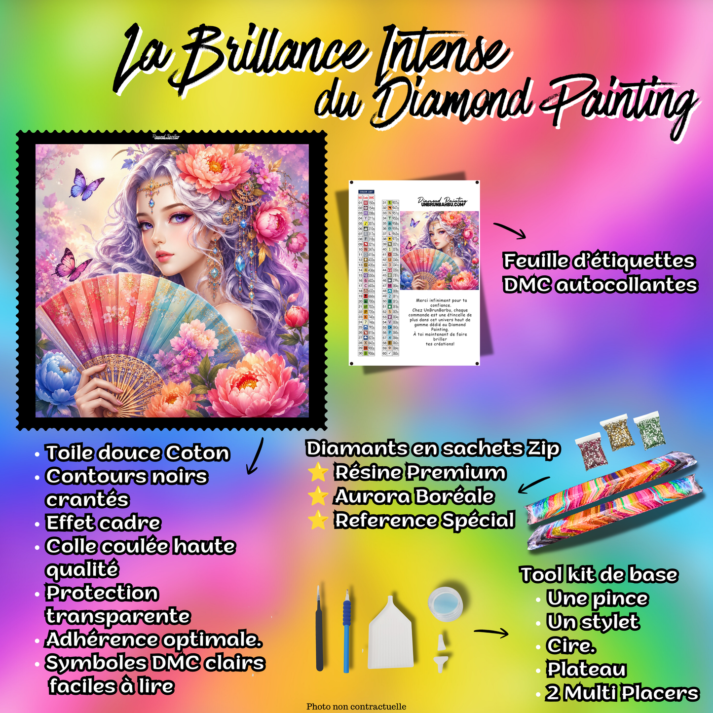 Kit premium Diamond Painting L'Éventail des Pivoines avec toile coton, diamants en sachets zip, étiquettes DMC et accessoires