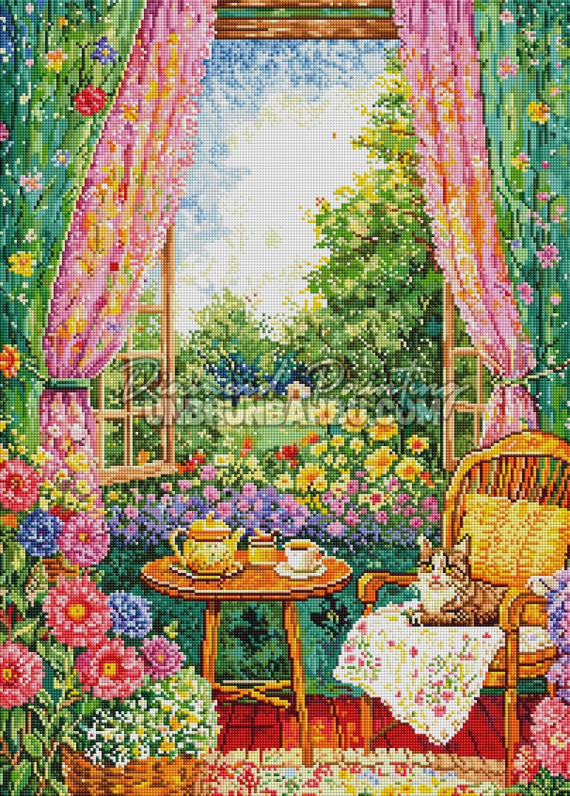 Rendu diamante du Diamond Painting L Heure du The au Jardin 50x70 cm avec chat et jardin fleuri lumineux