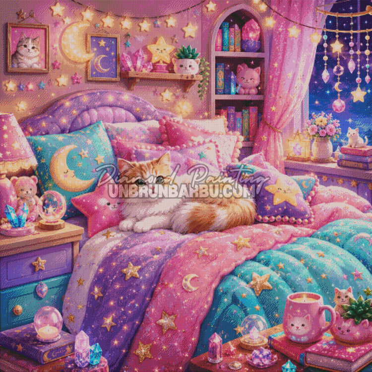 Rendu diamante du Diamond Painting La Chambre Magique du Chat 120x120 cm avec lit colore et ciel nocturne