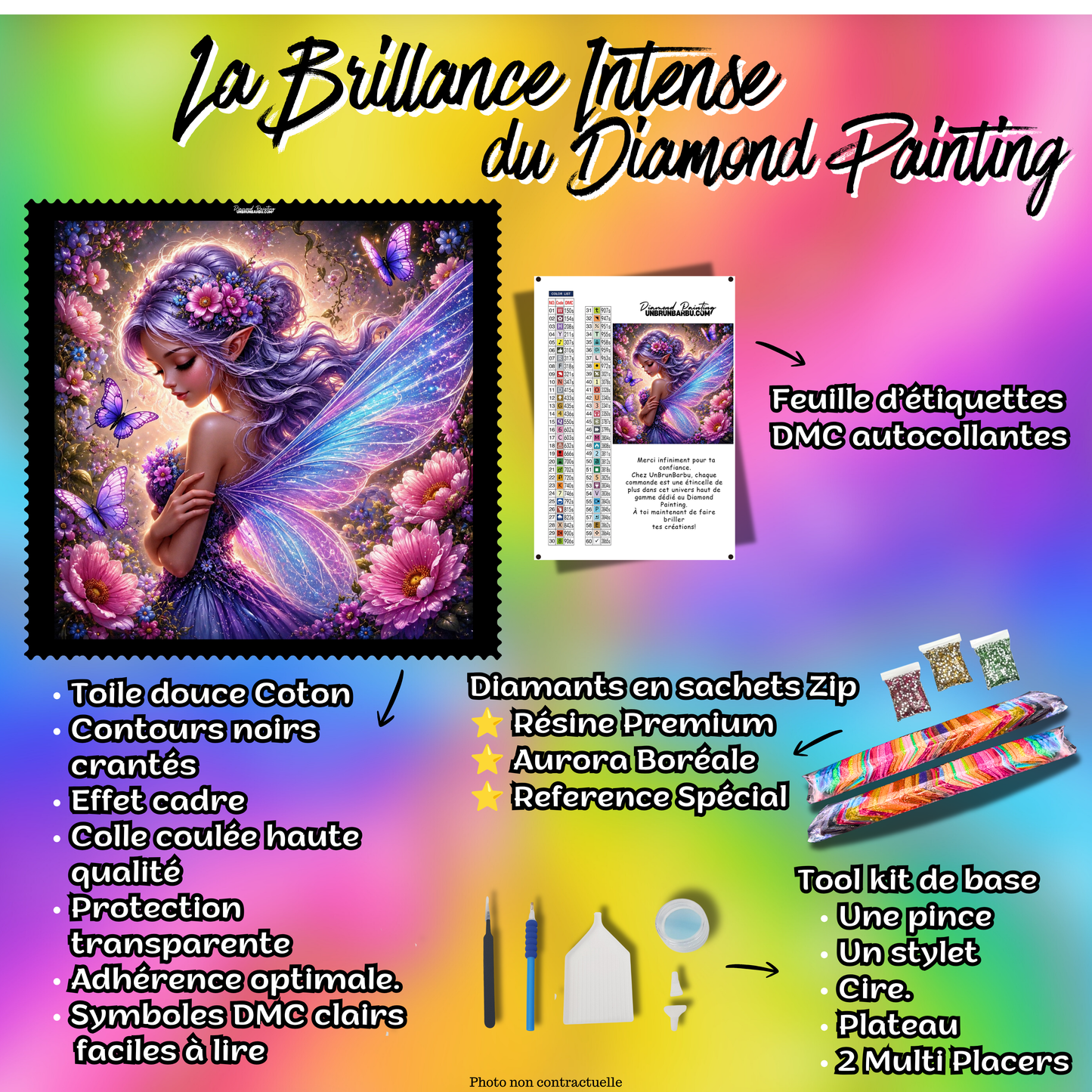 Kit Diamond Painting Premium La Fée aux Ailes de Cristal avec toile coton, diamants en sachets zip, accessoires et feuille DMC