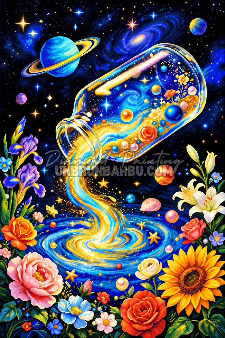 Diamond Painting La Galaxie en Bouteille 50x75 cm avec planètes, fleurs et tourbillon cosmique
