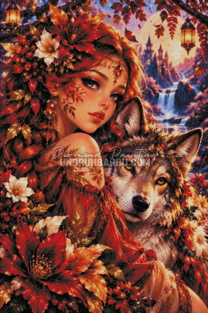 Rendu diamanté du Diamond Painting La Gardienne du Loup d’Automne 80x120 cm avec château et fleurs rouges
