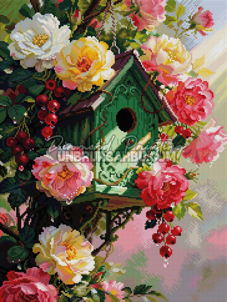 Rendu diamante du Diamond Painting La Maison des Oiseaux Fleurie 45x60 cm avec roses multicolores et lac