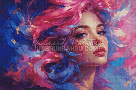 Rendu diamante du Diamond Painting La Muse de l Art 120x80 cm avec regard bleu et couleurs rose, violet et or