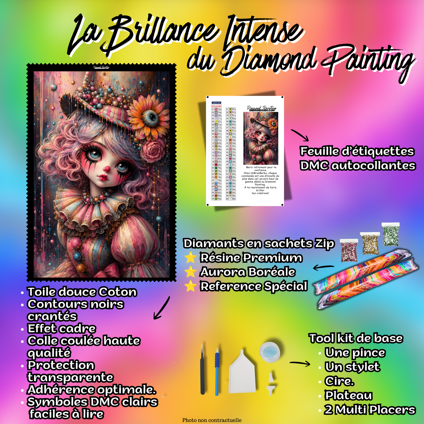 Kit Diamond Painting Premium La Poupée Arlequin avec toile coton, diamants en sachets zip, accessoires et feuille DMC