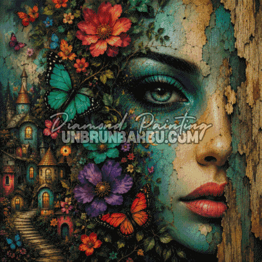 Layout Diamond Painting La Protectrice du Village mettant en valeur le visage, les papillons, les fleurs et le village miniature