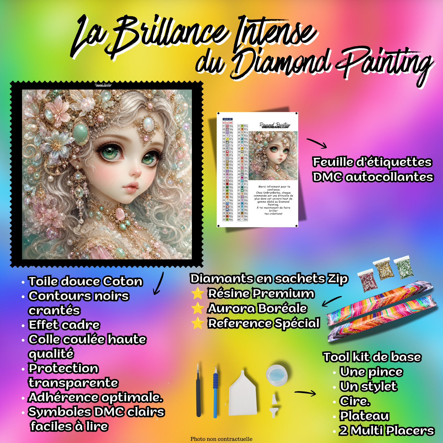 Kit Diamond Painting premium La Souveraine d’Émeraude avec toile coton, diamants en sachets zip, accessoires et étiquettes DMC