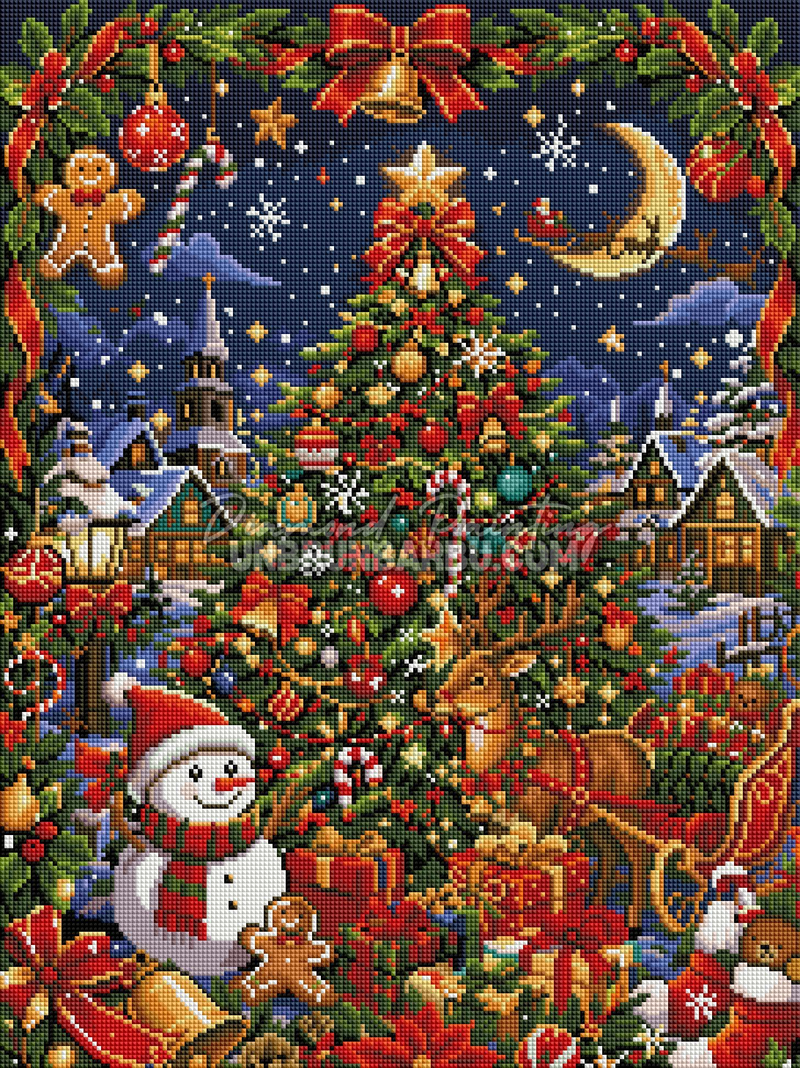 Rendu diamanté du Diamond Painting La Veillée du Village de Noël 45x60 cm avec sapin, cadeaux et village enneigé