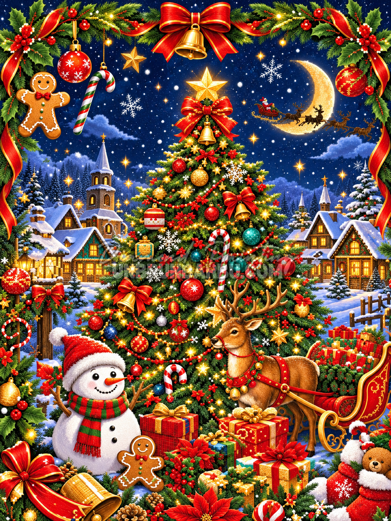 Diamond Painting La Veillée du Village de Noël 45x60 cm avec sapin illuminé, bonhomme de neige et renne
