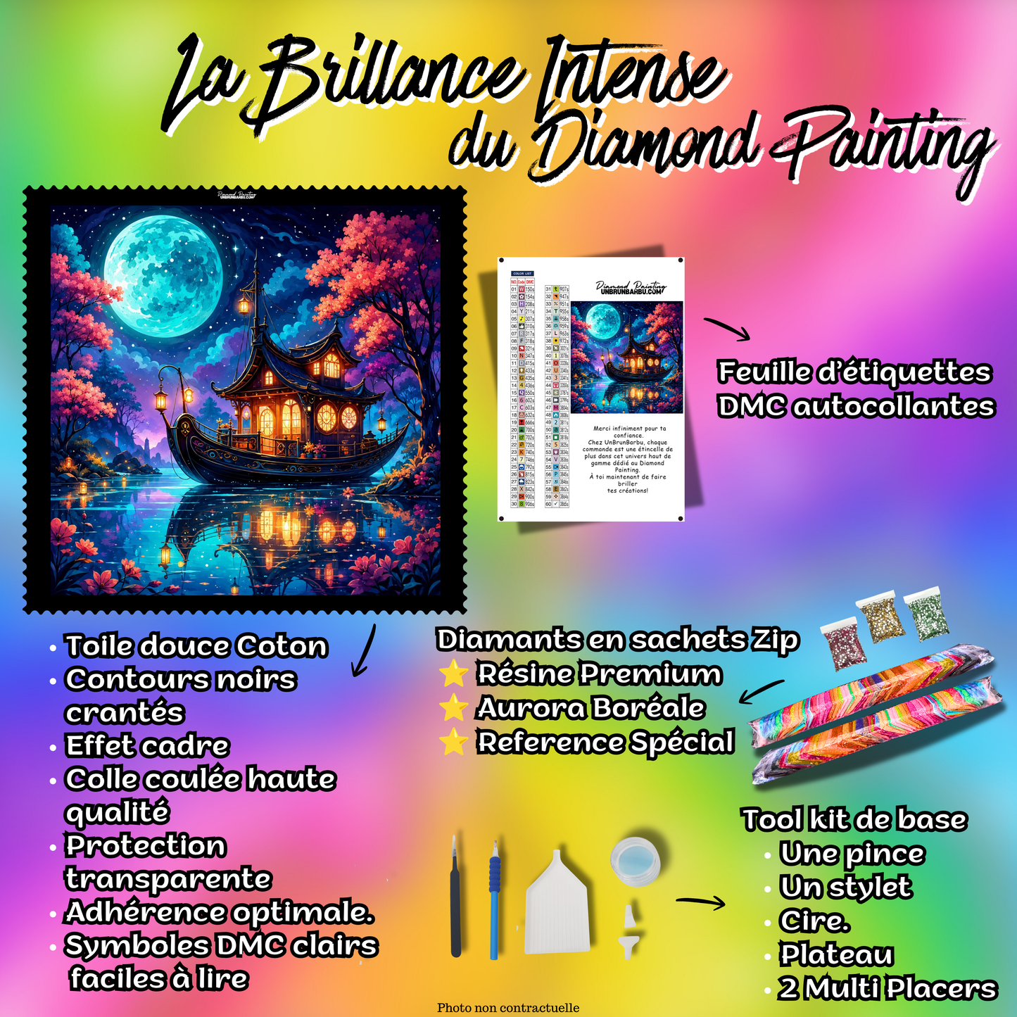 Kit premium Diamond Painting Le Bateau des Mille Lumières avec toile coton, diamants en sachets zip, étiquettes DMC et accessoires