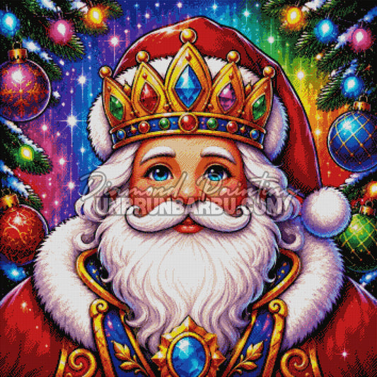 Rendu diamanté du Diamond Painting Le Père Noël Royal 90x90 cm avec couronne, barbe blanche et boules de Noël