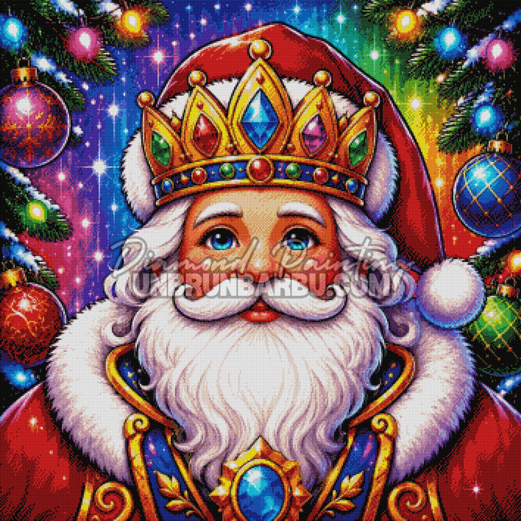 Rendu diamanté du Diamond Painting Le Père Noël Royal 90x90 cm avec couronne, barbe blanche et boules de Noël