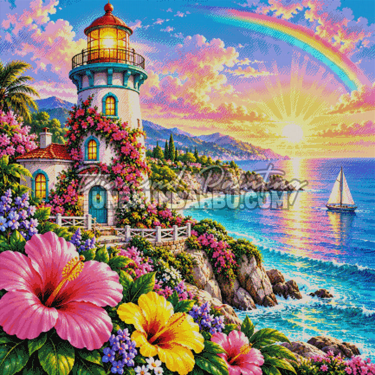Rendu diamante du Diamond Painting Le Phare du Lagon Fleuri 110x110 cm avec voilier et coucher de soleil