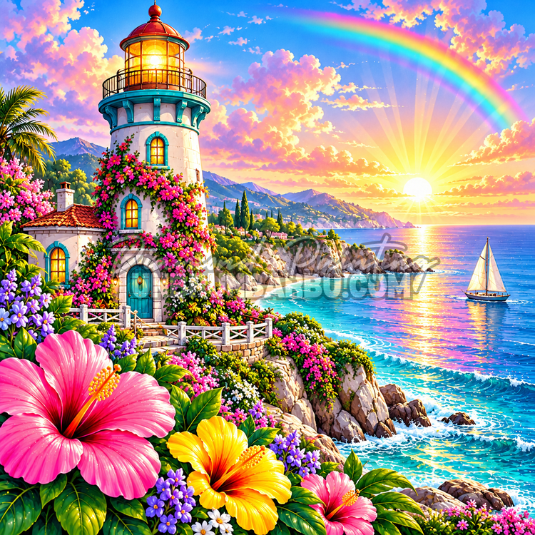 Diamond Painting Le Phare du Lagon Fleuri 110x110 cm avec hibiscus, lagon turquoise et arc-en-ciel