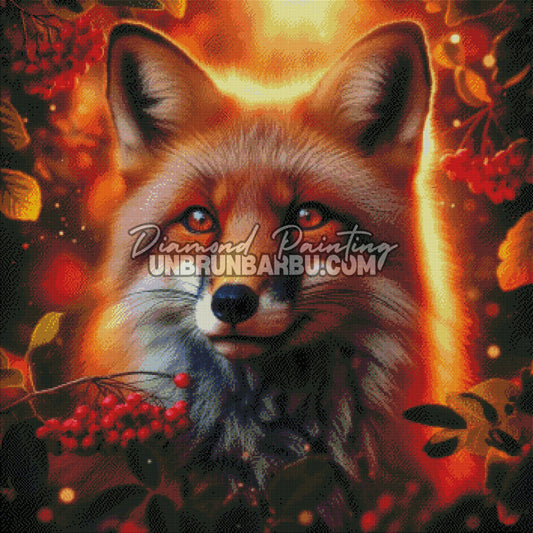 Layout Diamond Painting Le Renard des Baies Sauvages 90x90 cm avec aperçu diamanté du renard roux et des baies rouges