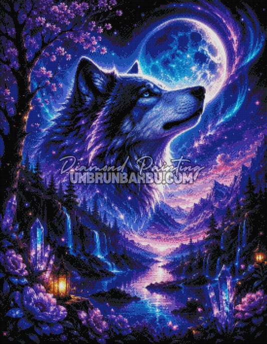 Layout Diamond Painting Le Royaume du Loup mettant en valeur les détails du loup, de la lune et du paysage féerique