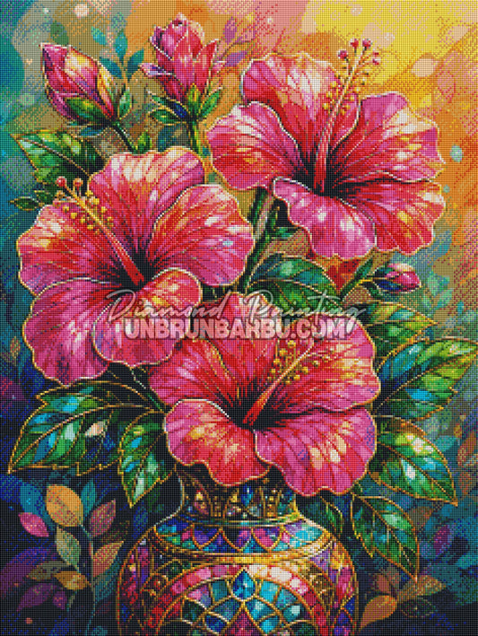 Layout Diamond Painting Le Vase aux Hibiscus mettant en valeur les détails floraux et les nombreuses nuances de couleurs
