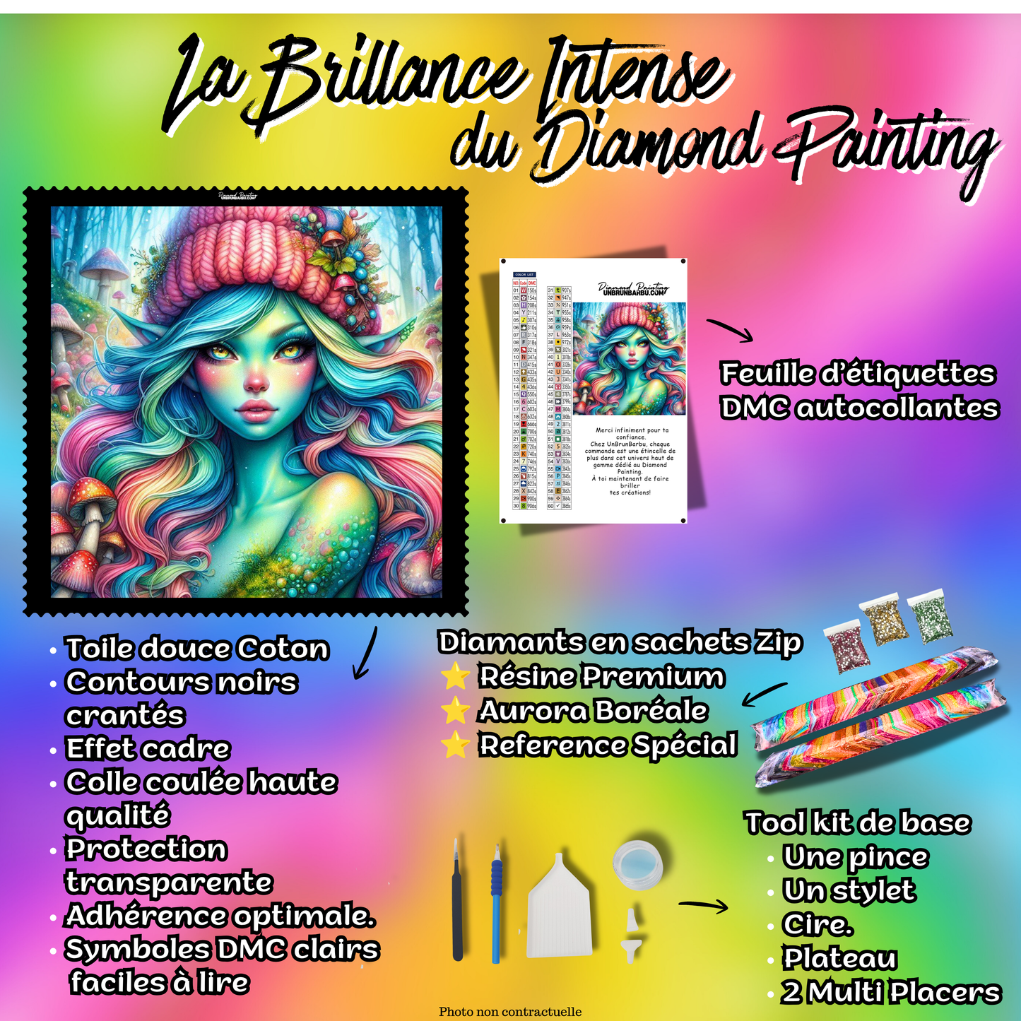 Kit Diamond Painting Premium L’Elfe de la Forêt Magique comprenant toile coton, diamants, accessoires et feuille DMC