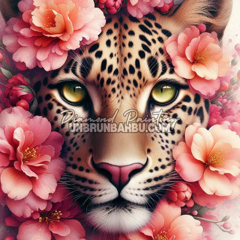 illustration diamond painting leopard fleurs roses regard intense