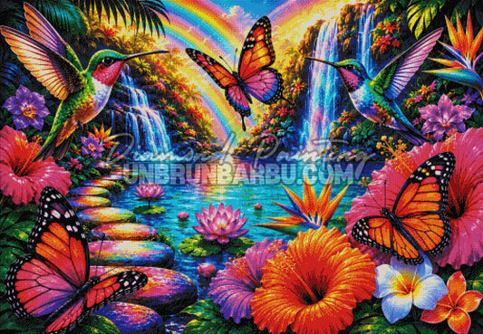 Layout Diamond Painting Les Cascades du Paradis 130x90 cm avec aperçu diamanté des cascades, colibris et fleurs tropicales