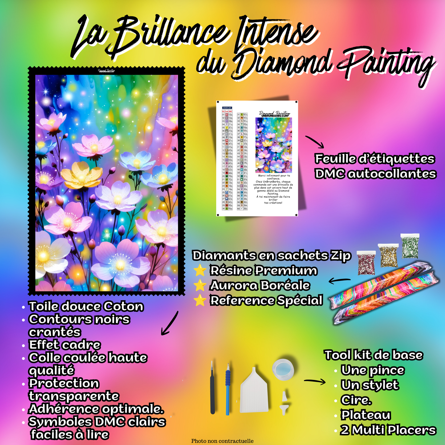 Kit Diamond Painting Premium Les Fleurs Magiques avec toile coton, diamants en sachets zip, accessoires et feuille DMC