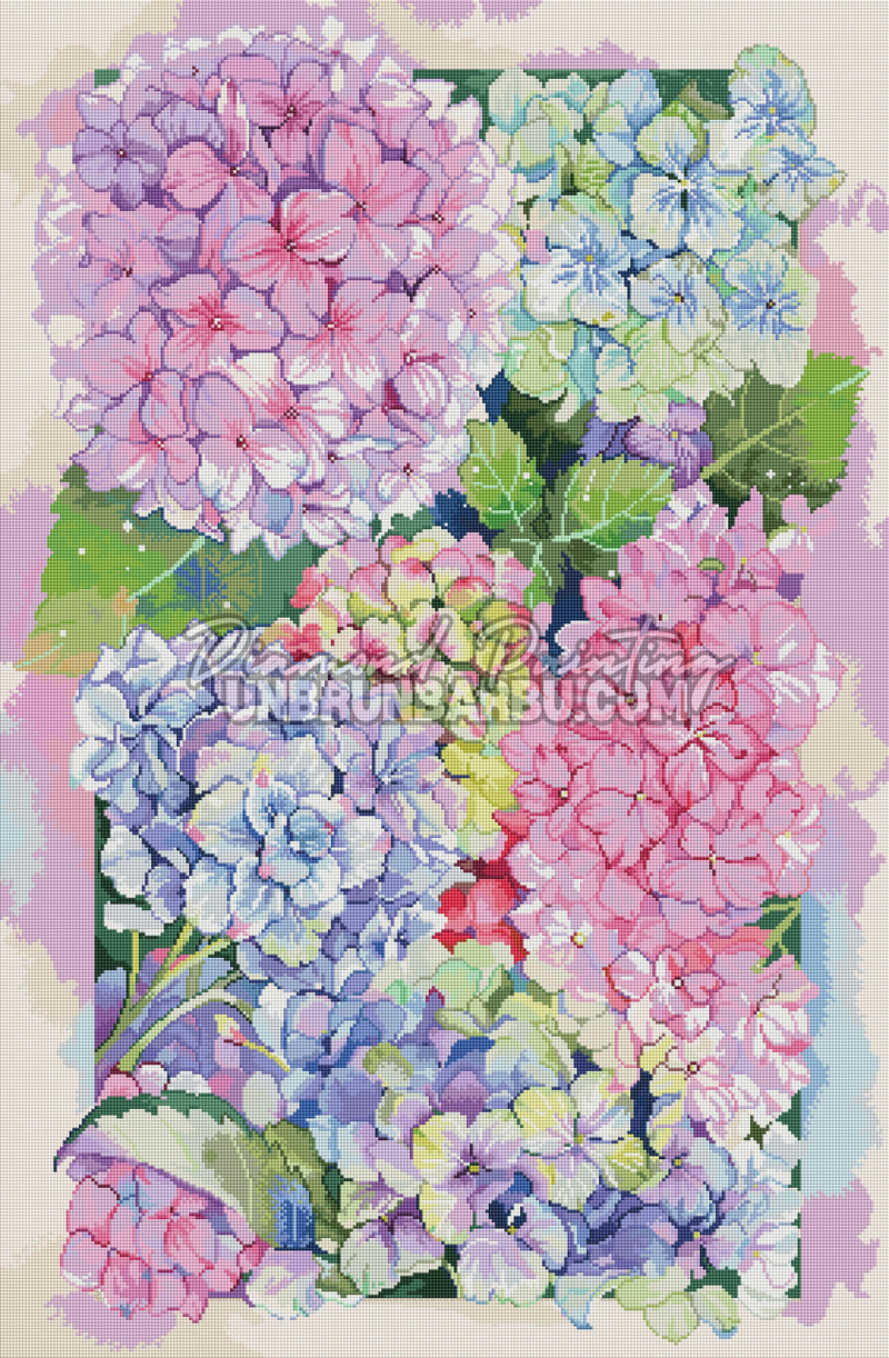 Rendu diamante du Diamond Painting Les Hortensias de Douceur 50x76 cm avec bouquet floral aux tons pastel