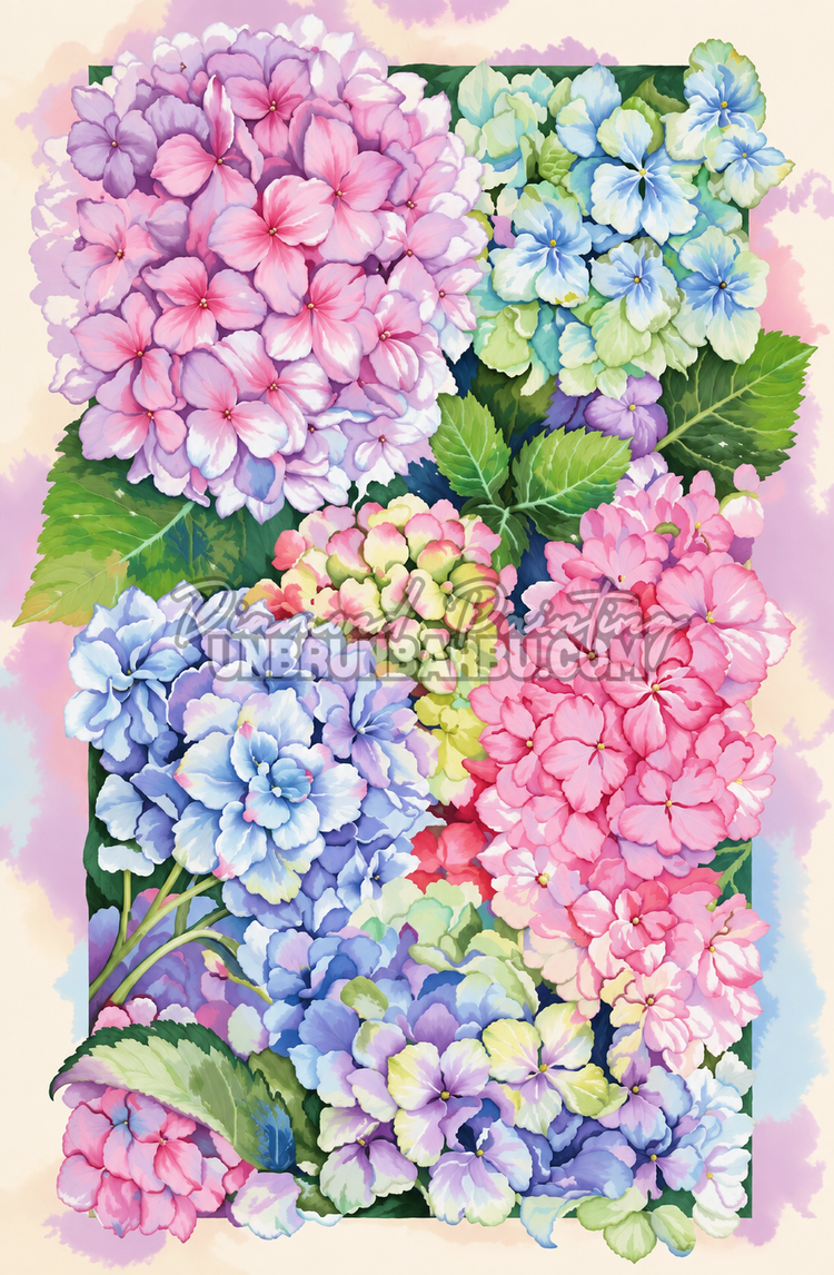 Diamond Painting Les Hortensias de Douceur 50x76 cm avec fleurs roses, bleues, lilas et feuillage vert