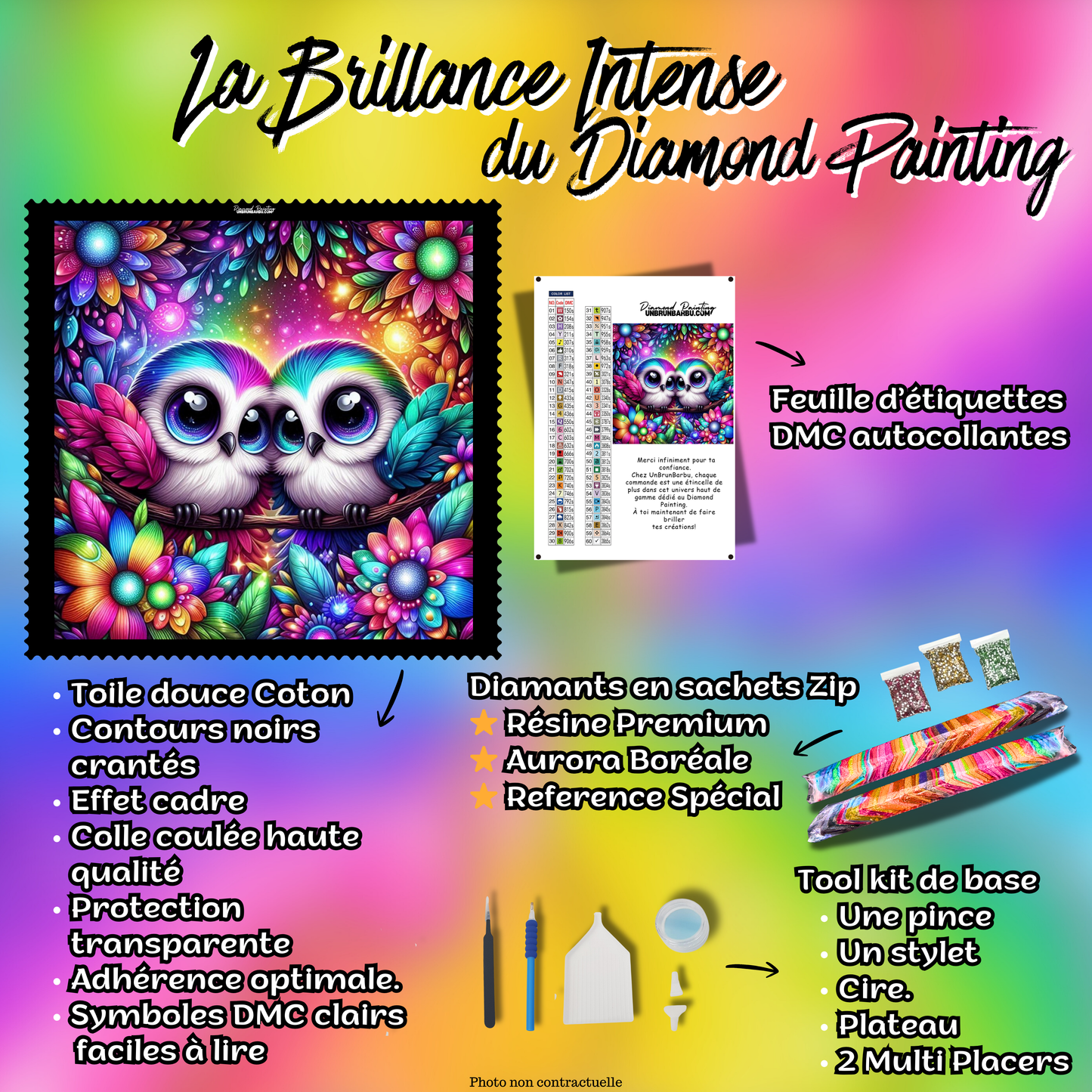 Kit complet du Diamond Painting Les Oiseaux des Fleurs Magiques 90x90 cm avec accessoires