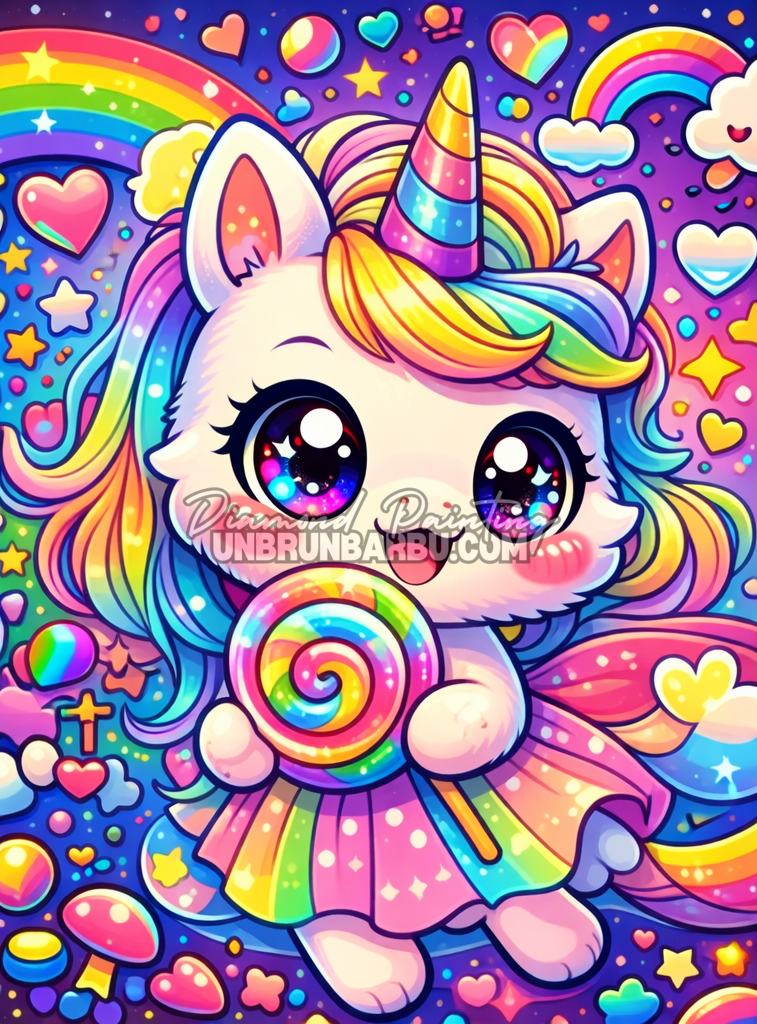 illustration diamond painting licorne kawaii arc en ciel