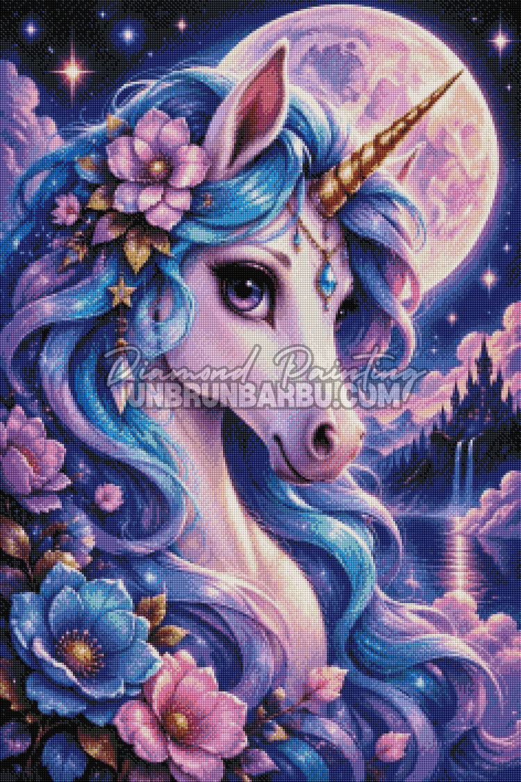 Rendu diamanté du Diamond Painting Licorne aux Fleurs de Lune 60x90 cm avec château et ciel étoilé