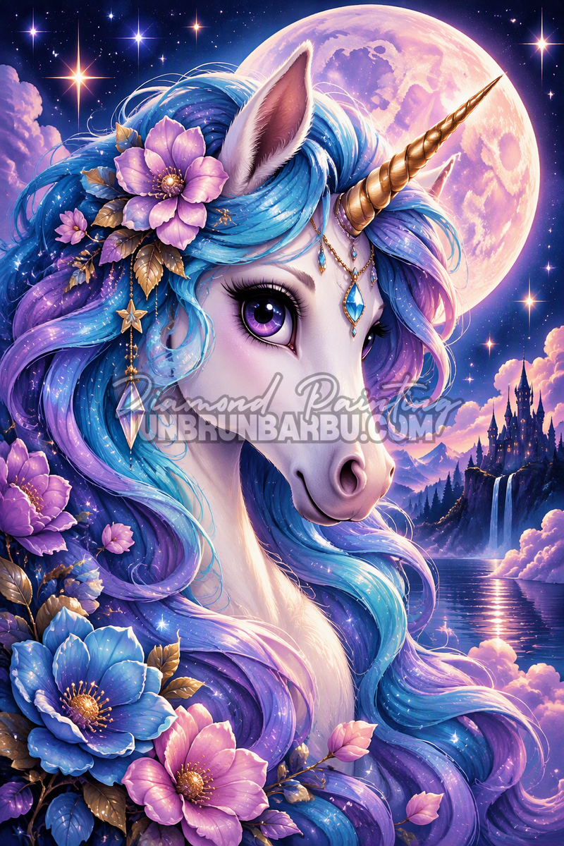 Diamond Painting Licorne aux Fleurs de Lune 60x90 cm avec crinière bleu-violet, fleurs et pleine lune