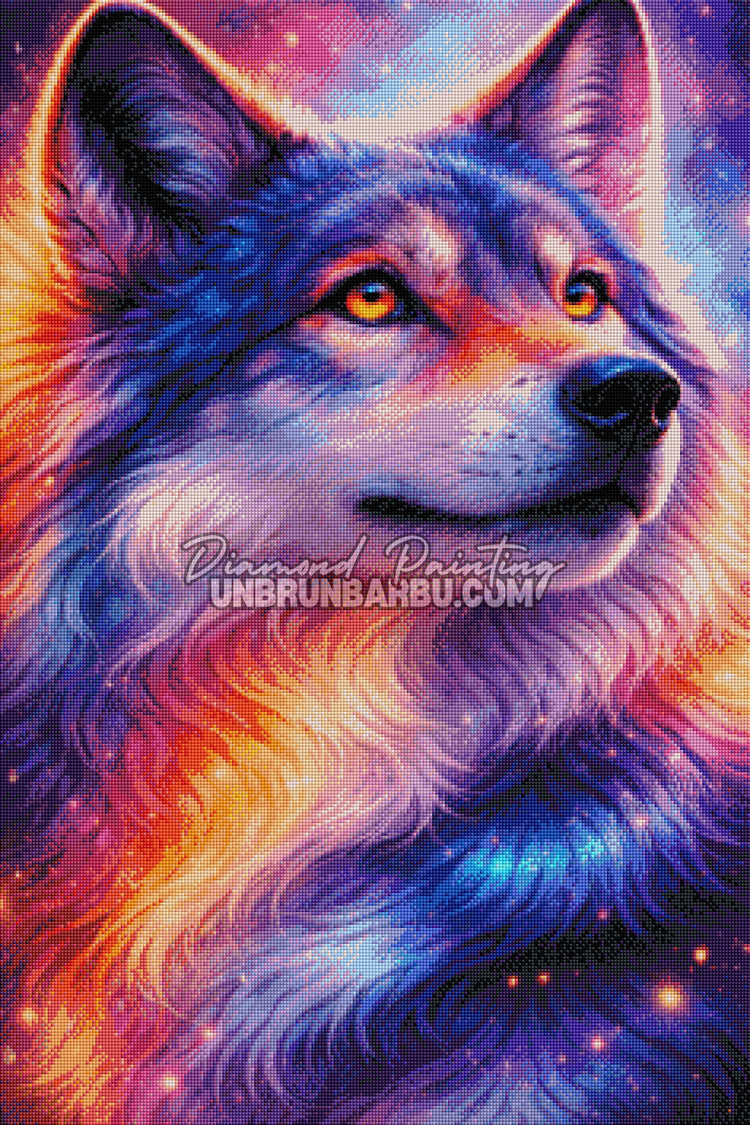 rendu diamond painting loup reflets cosmos couleurs vive
