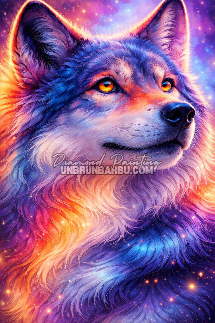 illustration diamond painting loup galaxie lumineux