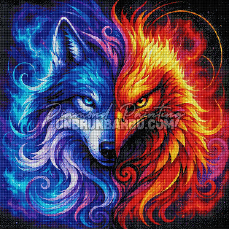 diamond painting loup legende feu glace 80x80 cm rendu diamante