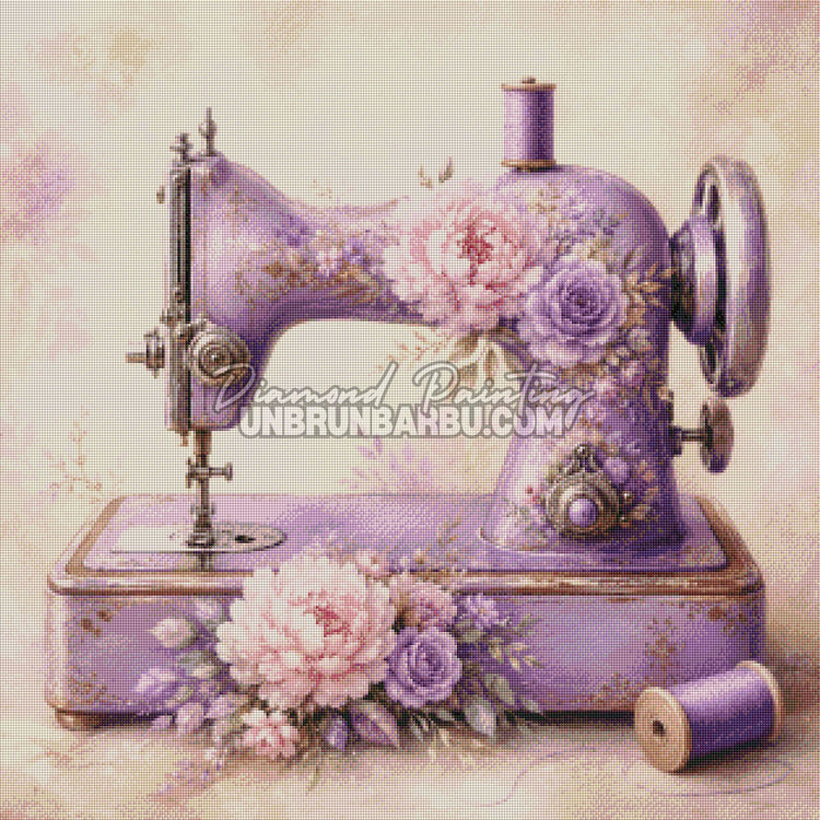 Rendu diamante du Diamond Painting Machine a Coudre Lilas 80x80 cm avec decor floral vintage