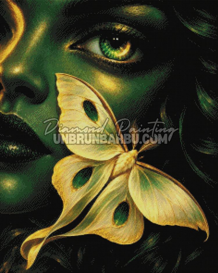 Aperçu du rendu en diamants de la Muse au Papillon d'Or 60x75 cm, portrait émeraude et papillon lumineux