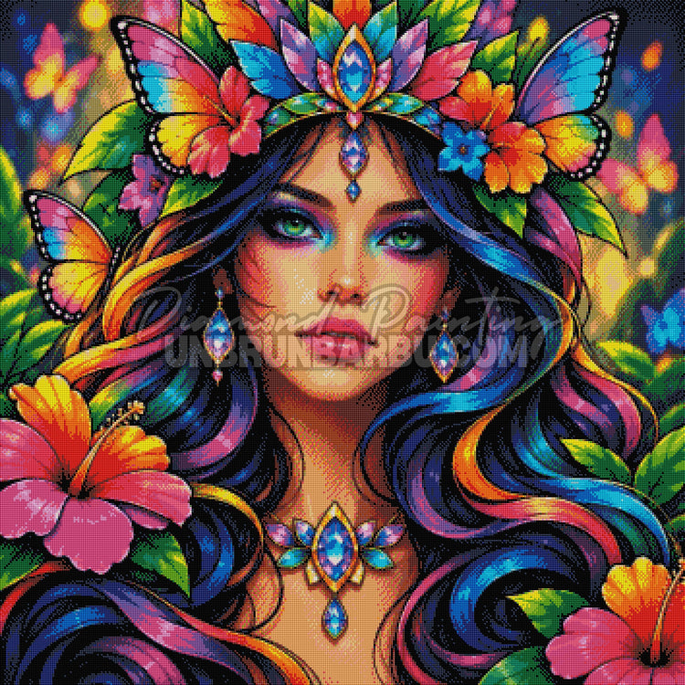 Rendu diamante du Diamond Painting Muse aux Hibiscus et Papillons 90x90 cm avec fleurs tropicales et ailes colorees