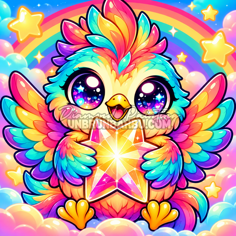 Diamond Painting L’Oiseau Gardien de l’Étoile 60x60 cm en cristaux avec oiseau arc-en-ciel et étoile brillante