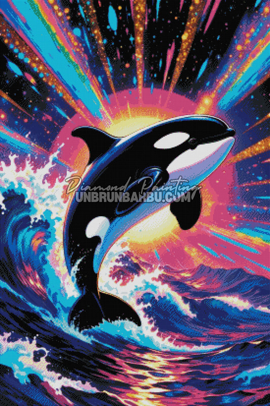 Layout Diamond Painting Orque des Vagues Éternelles 70x105 cm avec aperçu diamanté de l’orque, des vagues et du ciel néon