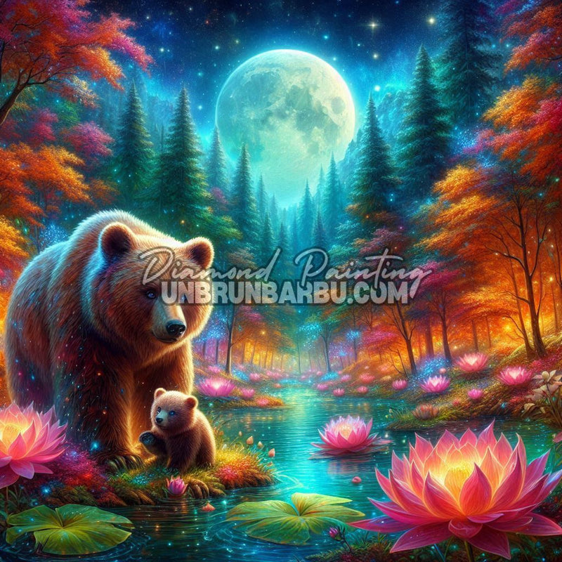 illustration ourse et ourson foret magique lune fleurs lumineuses
